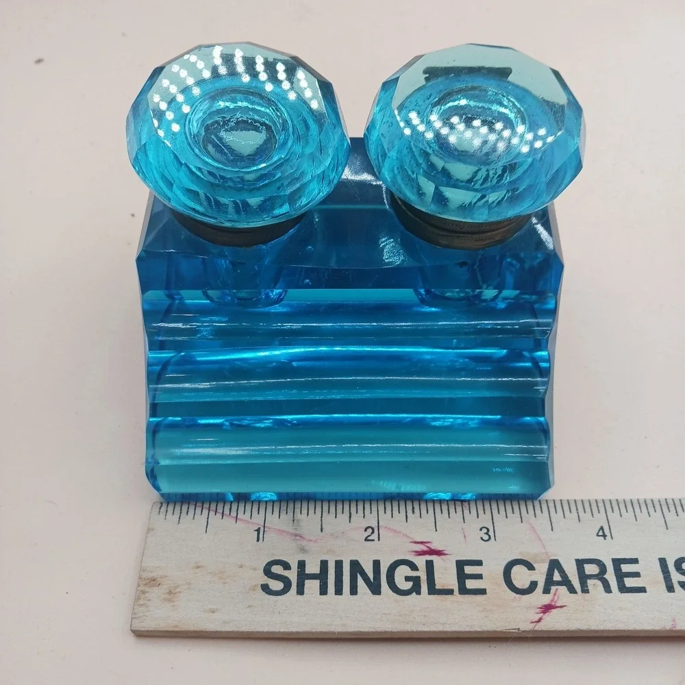 Antique Peacock Blue Glass DOUBLE Inkwell, Late 19th Century Victorian Desk